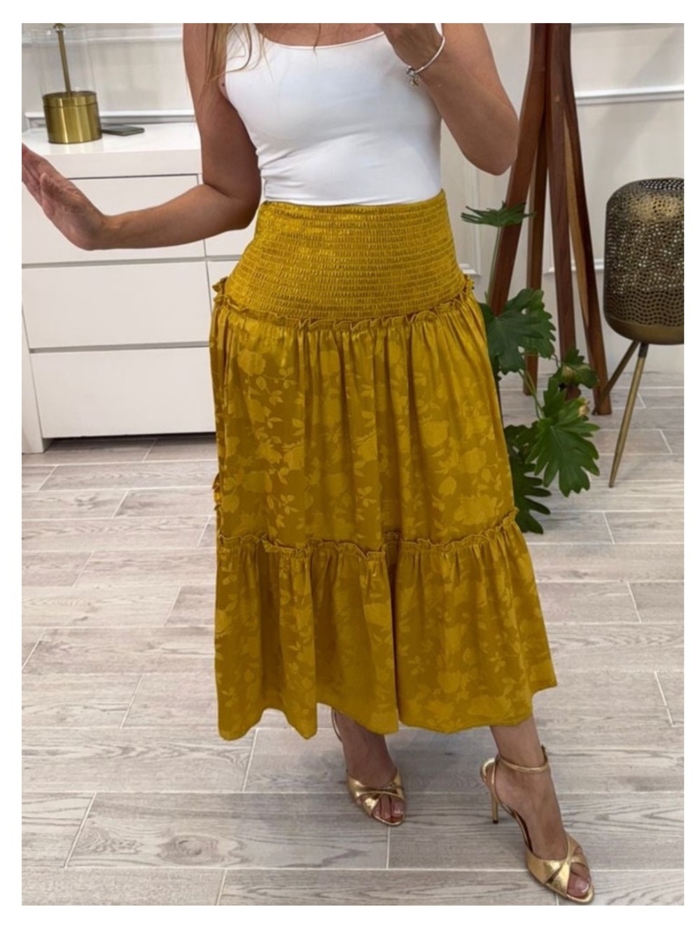 NWT INA Smocked Waistband Tiered Ruffle Midi Dress in Mustard Floral